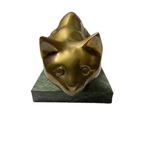 Brass Cat Figurine Statue On Green Marble Base 8 Inches X 4 Inches